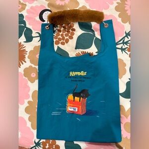 Blue Tote Bag with Cat and Bread Design